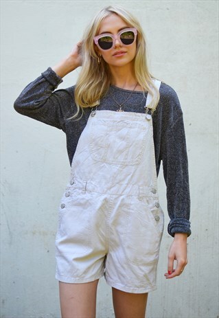 VINTAGE 90S STONE WHITE DENIM SHORT DUNGAREES