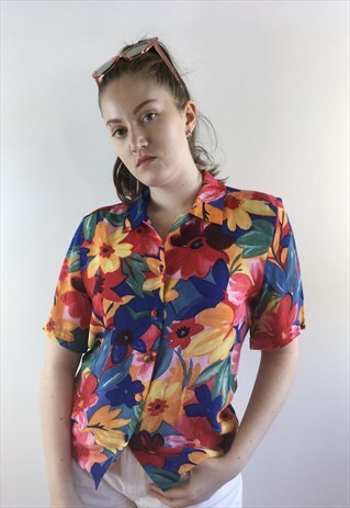 WOMENS VINTAGE 80S BLOUSE ABSTRACT FLORAL PATTERNED SHIRT