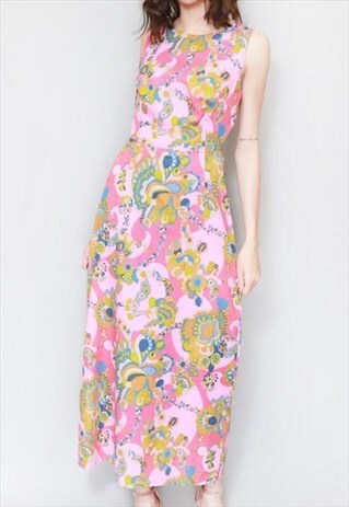 VINTAGE 1960'S STUNNING PSYCH FLORAL PRINT MAXI DRESS