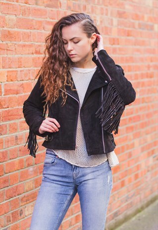 BLACK SUEDE FRINGE BIKER JACKET