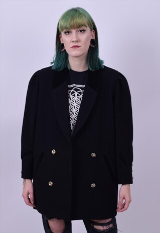 VINTAGE 90'S BLACK WOOL MIX BOYFRIEND BLAZER JACKET MEDIUM