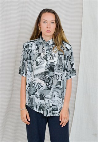 PRINTED SHIRT VINTAGE 80S GRAY RETRO PLEATED SHORT SLEEVE