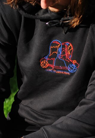BLACK PULLOVER LOVE IS UNIVERSAL EMBROIDERED GRAPHIC HOODIE
