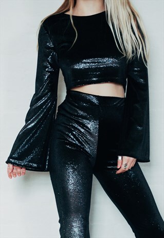 BLACK GLITTER VELVET BELL SLEEVE