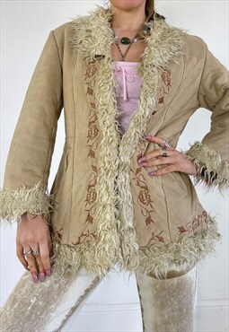 Vintage 90s Afghan Coat Fur Trim Jacket Boho Penny Lane Y2K