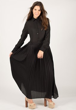 Plain black color chiffon full length pleated maxi dress