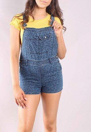 VINTAGE 90S MINI SHORT DUNGAREES IN LEOPARD PRINT DENIM