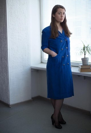 VINTAGE 60'S BLUE DOUBLE BREASTED JACQUARD DRESS