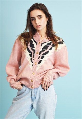 80'S RETRO ABSTRACT PATTERN KNITTED OVERSIZED PINK CARDIGAN