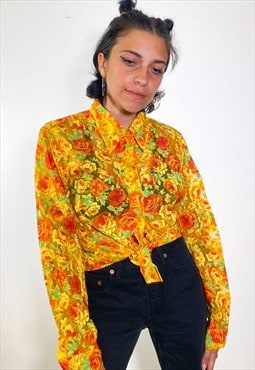 Vintage 90s organza floral yellow blouse 