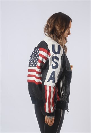 VINTAGE USA MICHAEL HOBAN LEATHER BOMBER JACKET UK 14 (BCZ)
