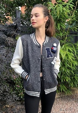 Grey Knitted Bomber Jacket with Letter Patch Design