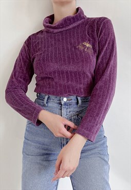 Vintage 90s Purple Velvet High Neck Embroidery Jumper S