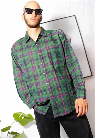 80S VINTAGE 90S GRUNGE GREEN TARTAN CHECKED LONGSLEEVE SHIRT