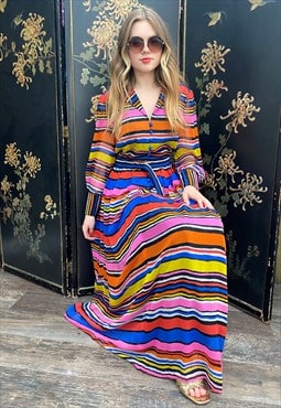 70's Vintage Long Sleeve Multi Coloured Stripe Maxi Dress