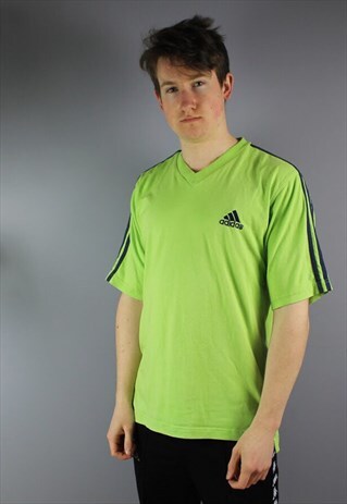 VINTAGE ADIDAS V NECK T-SHIRT IN LIME GREEN WITH EMBROIDERY