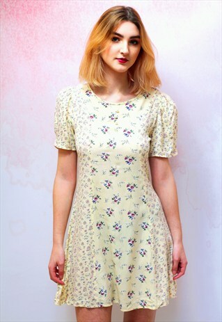 1980S VINTAGEYELLOW PASTEL FLORAL MINI DRESS