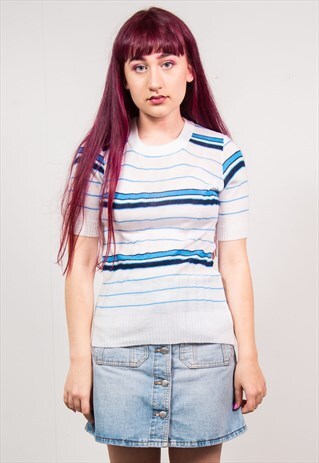 VINTAGE 70'S WHITE & BLUE STRIPED KNIT RIBBED TOP