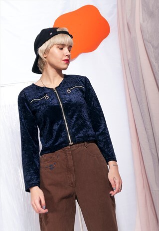 VINTAGE CROP TOP 90S CRUSHED VELVET SILVER ZIP TOP