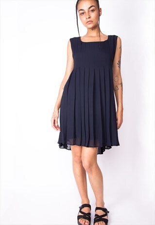 VINTAGE 90S MAX&CO NAVY CHIFFON PLEATED DRESS ID:2152