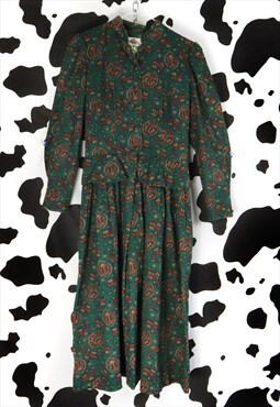 Vintage 40s Green Floral Flowery Paisley Pattern Midi Dress