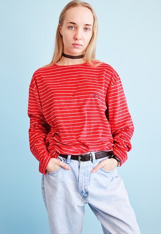 90'S RETRO SPORTS VELVETEEN STRIPED SWEATSHIRT JUMPER TOP