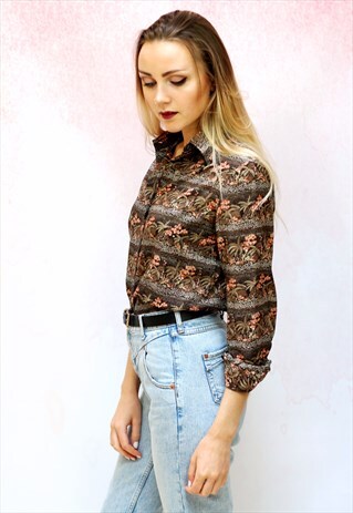 1970S VINTAGE BROWN TROPICAL COTTON BLOUSE