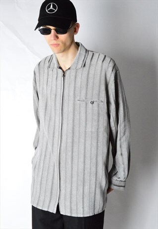 VINTAGE 90S GREY STRIPED GRUNGE ZIPPER SHIRT
