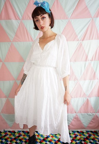 VINTAGE 70S WHITE POLKA DOT BOHEMIAN FLOATY MIDI DRESS