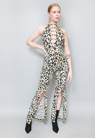 VINTAGE 1990'S LEOPARD PRINT CUT OUT FLARED LEG JUMPSUIT