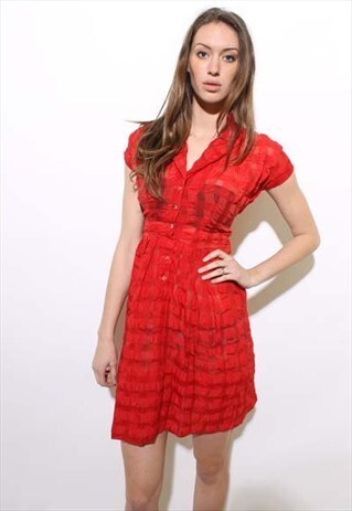 VINTAGE 1950'S 50'S NOS RED CHECKERED SHEER SHIRT DRESS XS-S