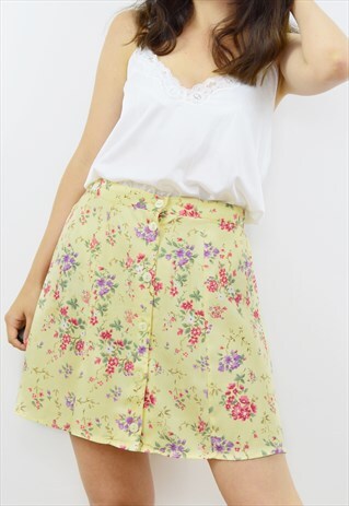 90S PALE YELLOW FLORAL HIGH WAISTED BUTTON DOWN SKIRT