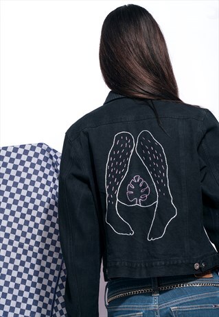 REWORKED VINTAGE DENIM JACKET FEMINIST HAIRY LEG EMBROIDERY