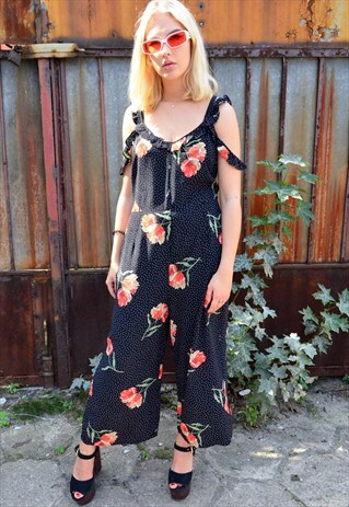 VINTAGE BLACK JUMPSUIT WITH FLOWERS