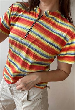 Vintage 90s 3/4 zipper striped printed blouse top t-shirt