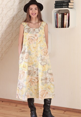 LIGHT YELLOW FLORAL A LINE DRESS WITH POCKETS