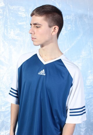 VINTAGE ADIDAS BLUE AND WHITE V-NECK TEE