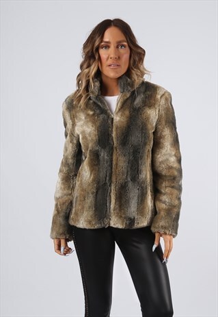 FAUX FUR COAT JACKET SHORT VINTAGE UK 10 (G92F)
