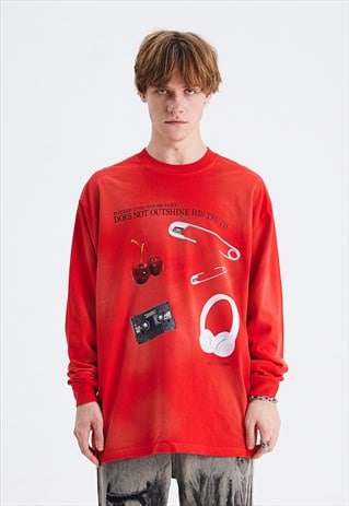 Y2K PRINT TOP GRUNGE LONG SLEEVE TEE RETRO GADGET TOP IN RED