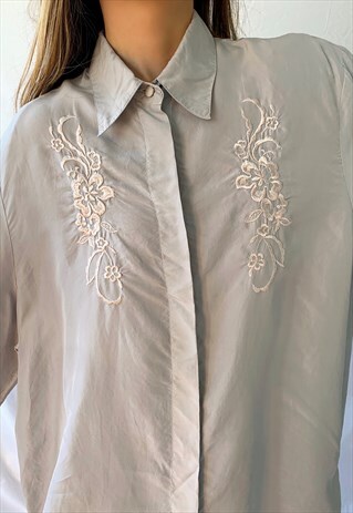 VINTAGE LIGHT GREY EMBROIDERED FLORAL LONG SLEEVE SHIRT