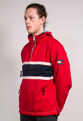VINTAGE 90'S RED TOMMY HILFIGER PULLOVER FLEECE LINED JACKET