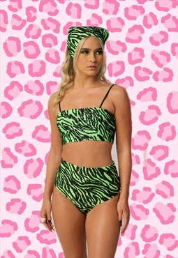 Neon green sequin tiger high-waist pant Festival / rave wear