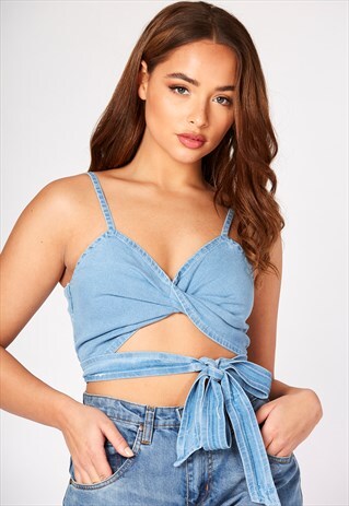 MID BLUE DENIM TWIST FRONT BRALET