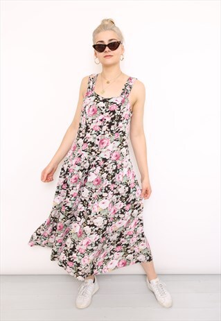 VINTAGE 80S DARK FLORAL PRINT MIDI DRESS