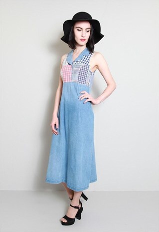 VINTAGE 1990'S SLEEVELESS TARTAN AND DENIM MIDI DRESS