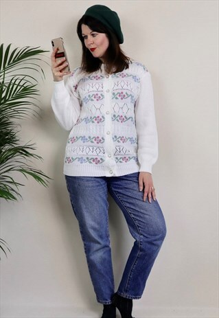 VINTAGE WHITE FLORAL PATTERN GRANNY KNIT CARDIGAN JUMPER