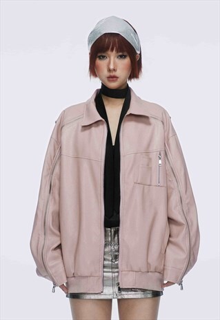 FAUX LEATHER JACKET RETRO WASH PU BOMBER GRUNGE COAT IN PINK