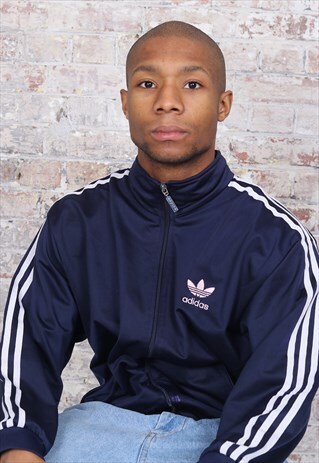 VINTAGE ADIDAS LOGO THREE STRIPE TRACK JACKET NAVY BLUE
