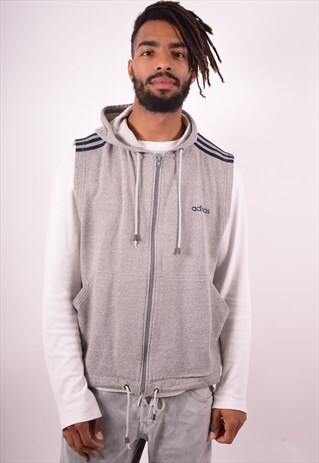 ADIDAS MENS VINTAGE HOODIE JACKET SLEEVELESS MEDIUM GREY 90S
