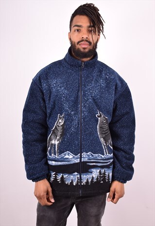 MENS VINTAGE NORDIC FLEECE JACKET LARGE BLUE 90S